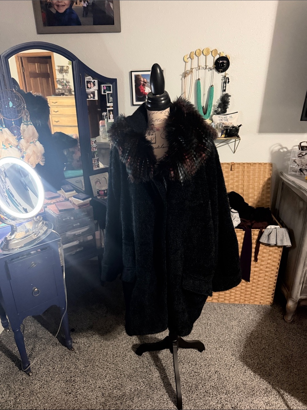 Forest Green Winter Coat with Colorful Faux Fur Collar